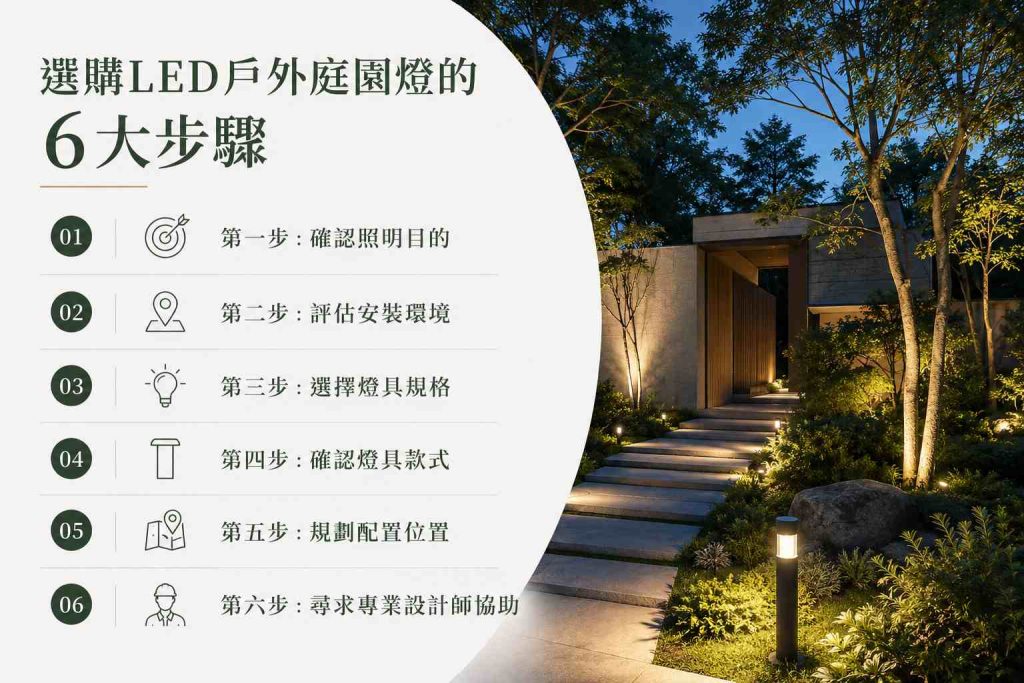 選購LED戶外庭園燈的6大步驟, 戶外庭園燈選購全攻略：款式、應用與挑選重點全解析｜景觀設計, led庭園燈推薦,戶外庭園燈購買,戶外led庭園燈瓦數,led庭園燈亮度,led庭園燈規格,led庭園燈挑選,led戶外柱燈推薦,led矮柱燈推薦,led投光燈推薦,led草坪燈推薦, 戶外燈具推薦, 庭園燈推薦, 景觀照明推薦,戶外照明推薦,景觀燈具推薦,戶外燈推薦,庭園景觀燈,戶外柱燈,戶外壁燈,不鏽鋼地底燈,戶外投射燈,照樹燈,階梯燈, 車道燈, 景觀照明台中,景觀照明台北,戶外照明台中,戶外照明台北,景觀照明公司,戶外照明公司, 戶外燈製造, 戶外燈工廠, 景觀設計公司推薦,景觀照明設計推薦,戶外照明設計推薦,h&l東捷生活家居,TJ2 Lighting東捷生活科技